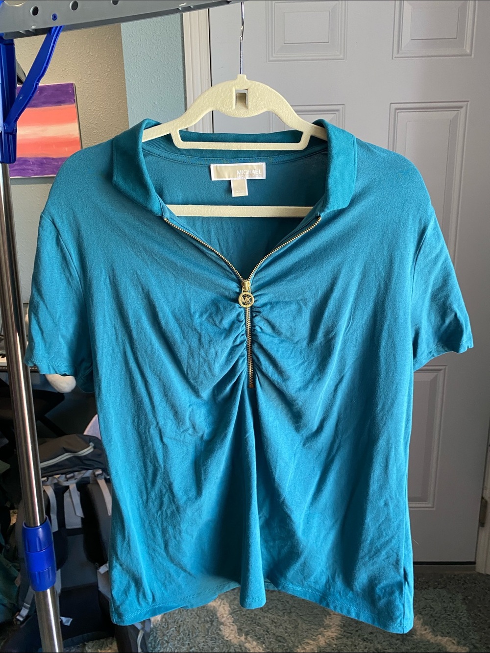 Michael Kors Teal Short-Sleeve Zip Polo Top
